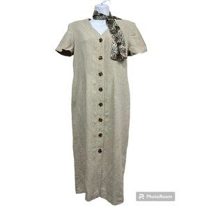 Vtg 90s Button Front Dress Petite Sz 10P Tan Linen Blend Midi Animal Print Scarf